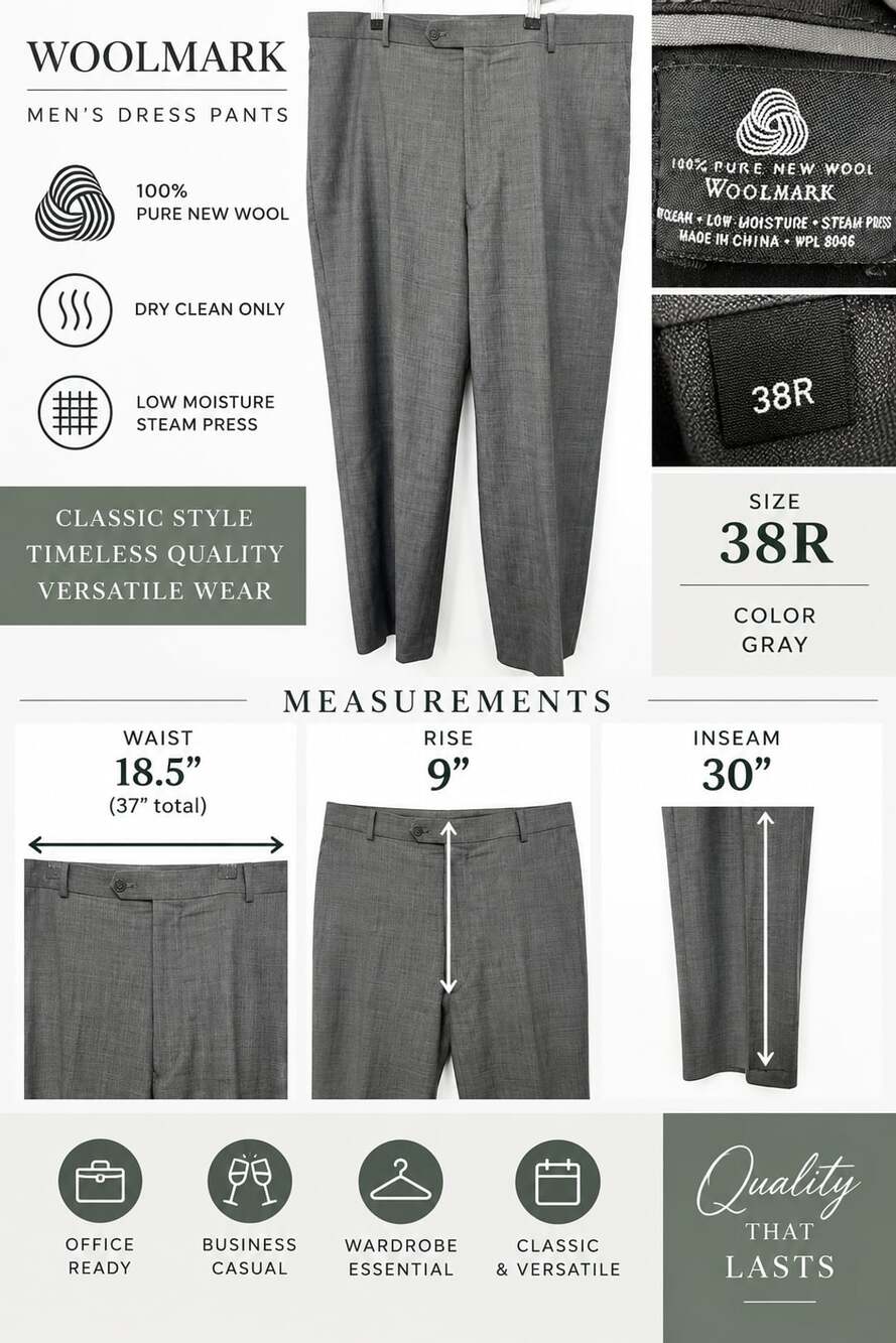 Men’s 38R Gray 100% Pure New Wool Dress Pants Macy’s WPL 8046 Woolmark